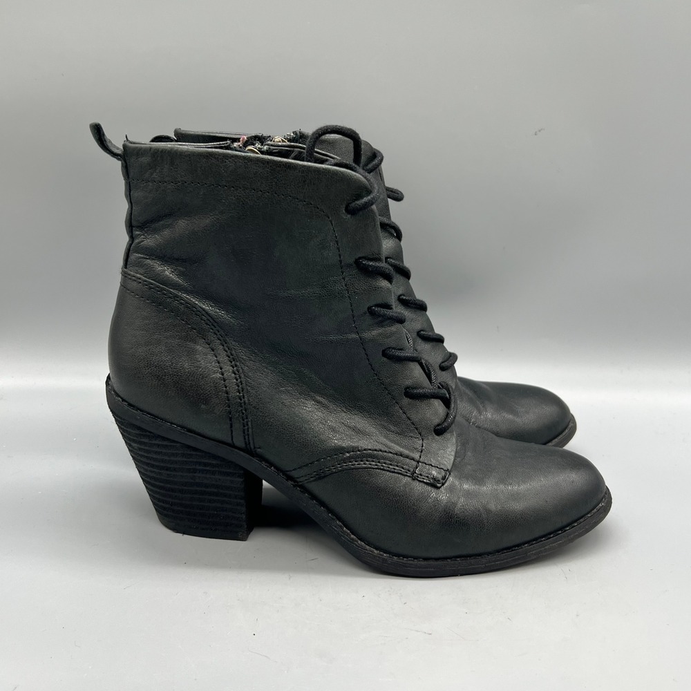 Sofft Boots Womens 7.5 Black Leather Ankle Lace Up Zip Block Heel Booties Shoes